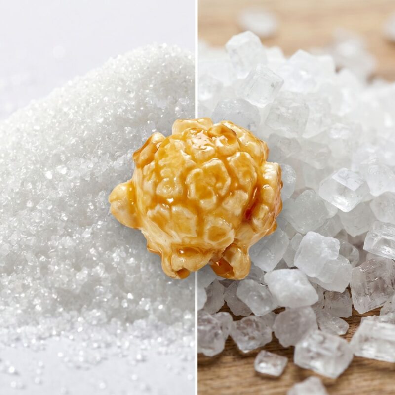Close-up of caramel-coated popcorn on a mound of granulated sugar and coarse sea salt crystals