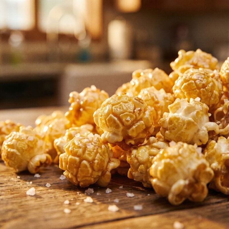 Gourmet salted caramel popcorn close-up with sea salt flakes on rustic wooden table