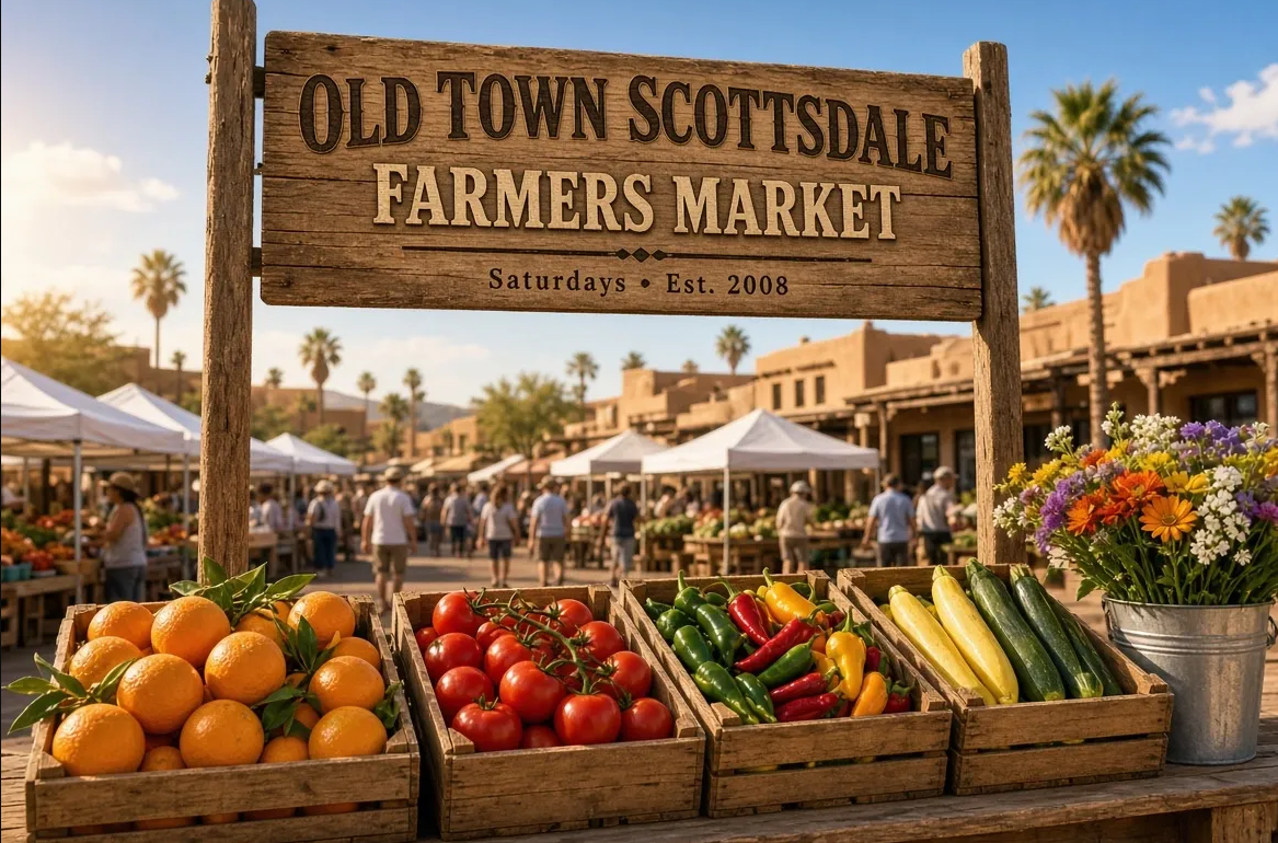 Old Town Scottsdale farmers market sign with crates of fresh oranges, tomatoes, peppers, zucchini and flowers