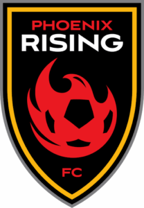 Phoenix Rising FC shield logo — black and gold crest with red flaming soccer ball emblem and bold PHOENIX RISING text